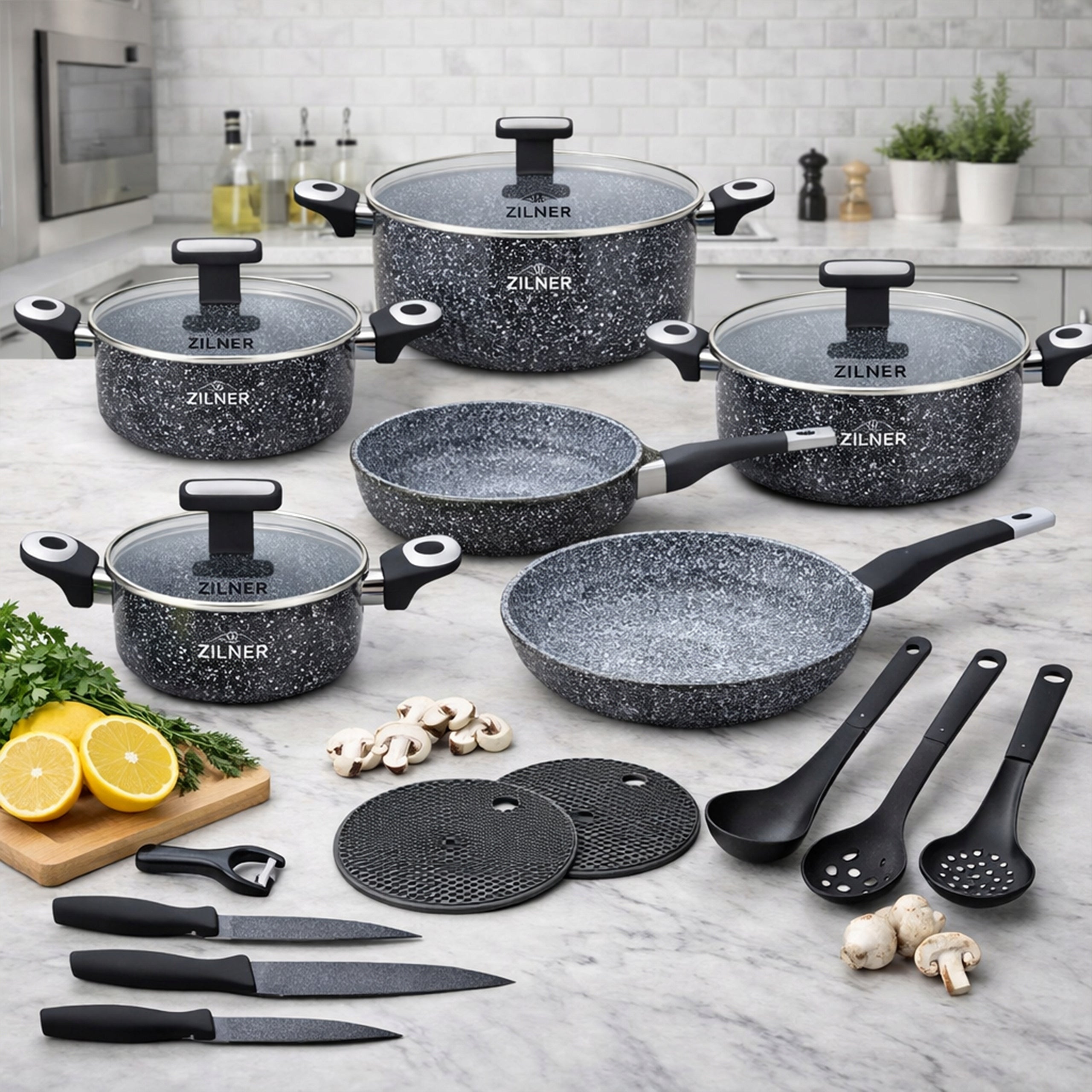 SET OF POTS INDUCTION SET OF POTS MARBLE PAN SAUCEPAN KNIVES 19ELE Number of items in the set 19