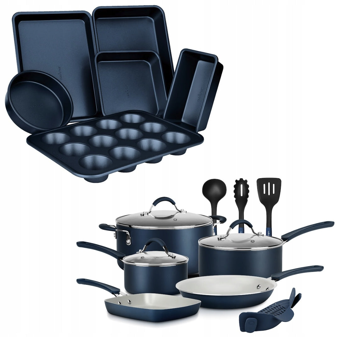 SET OF POTS PANS KITCHEN UTENSILS POTS INDUCTION GAS 20 ELEMENTS Color blue