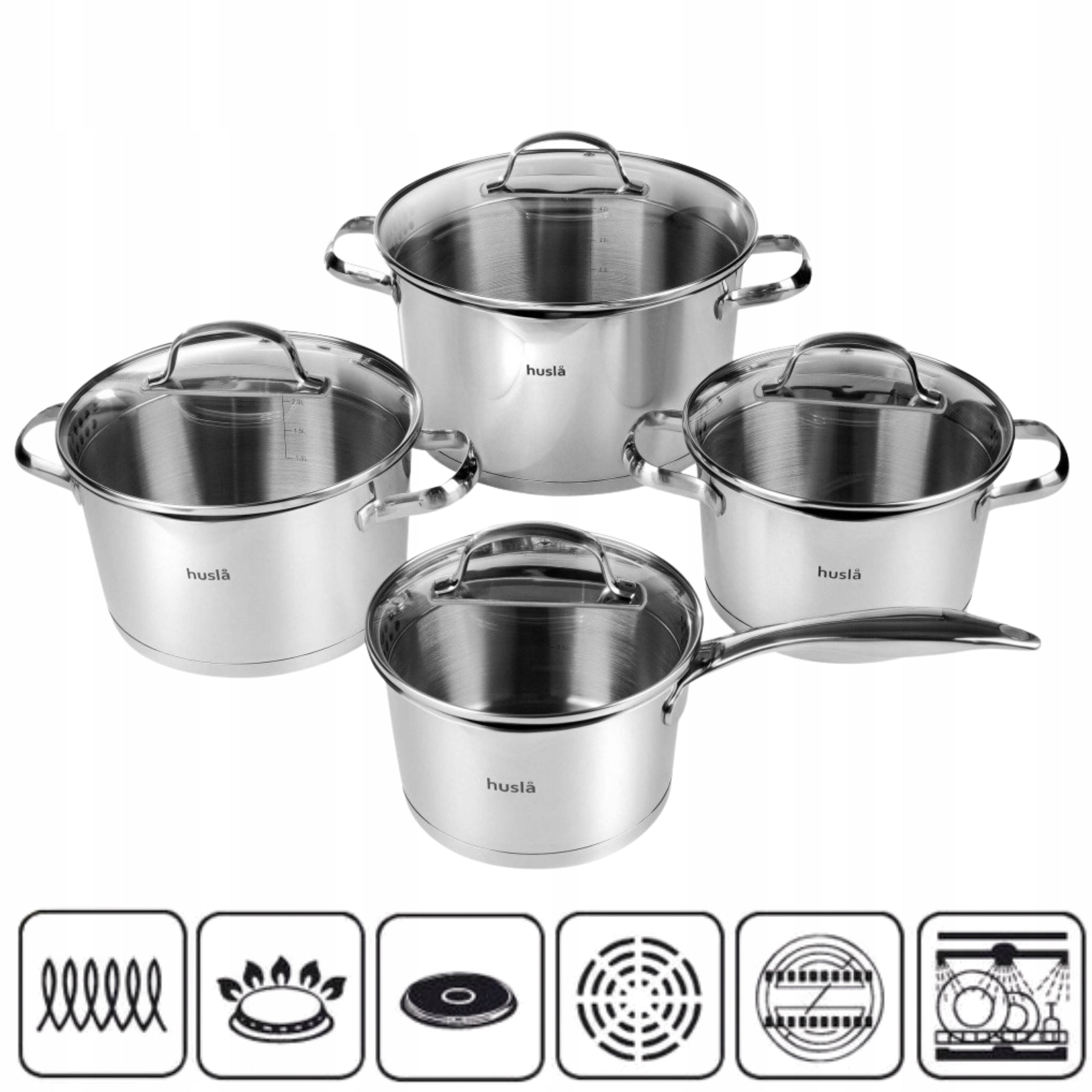 SET OF POTS + SAUCEPAN WITH LIDS 8el FOR GAS INDUCTIONS STAINLESS STEEL Packaging status original