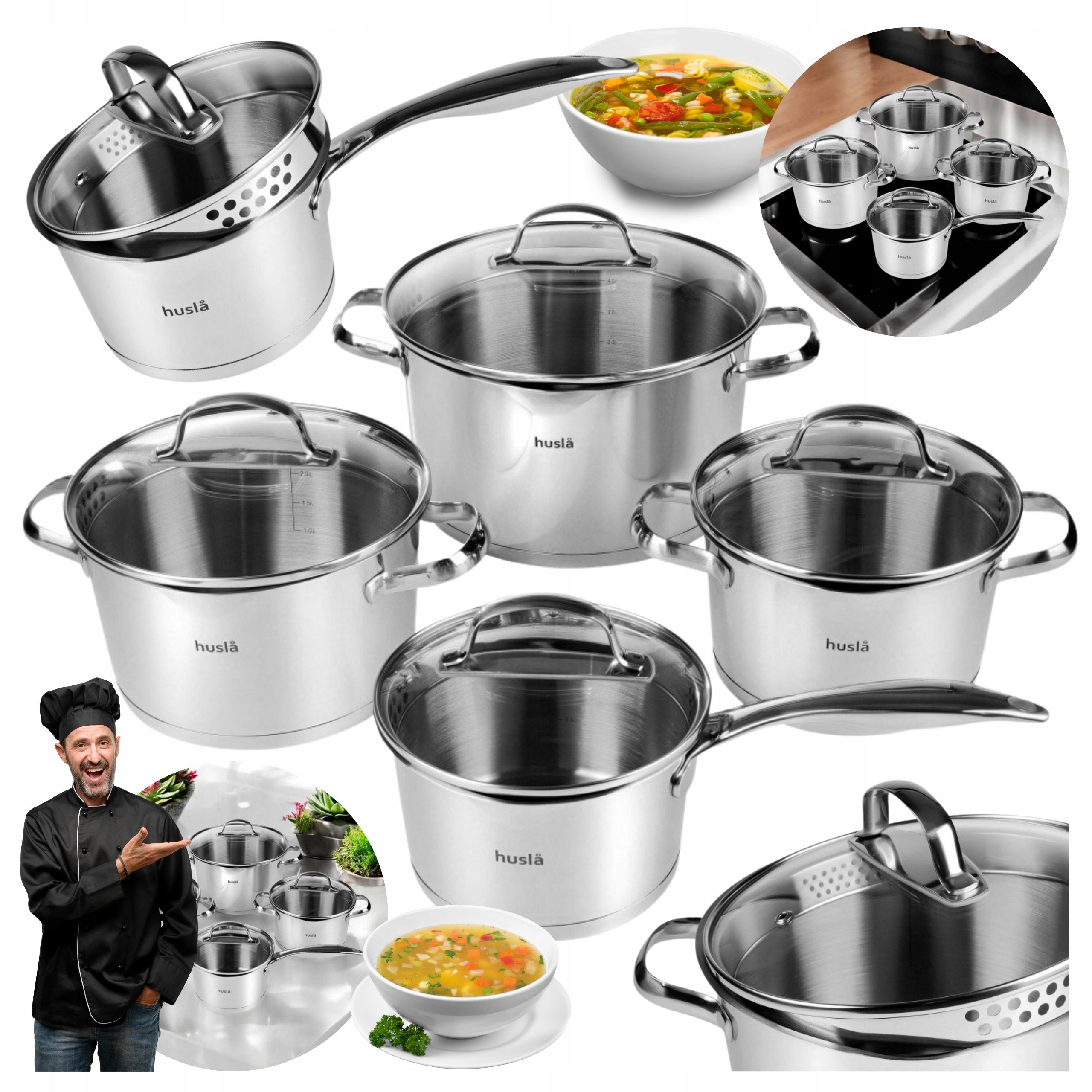 SET OF POTS + SAUCEPAN WITH LIDS 8el FOR GAS INDUCTIONS STAINLESS STEEL