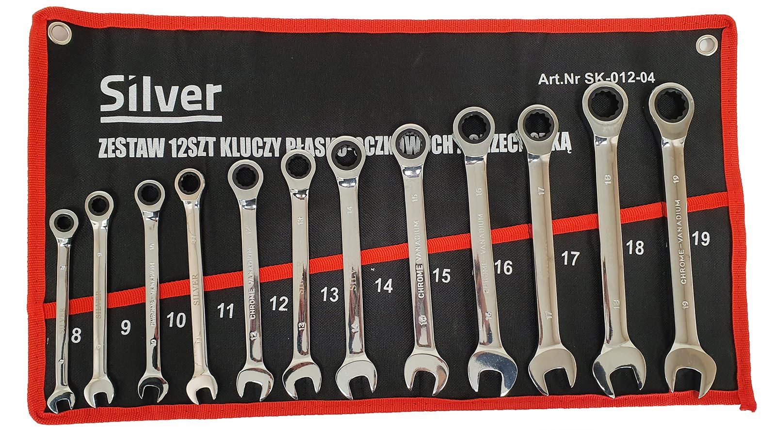 SET OF RATCHETING WRENCHES 12 EL 8-19mm STRAIGHT FORGED CrV 04 Manufacturer code SK-012-04
