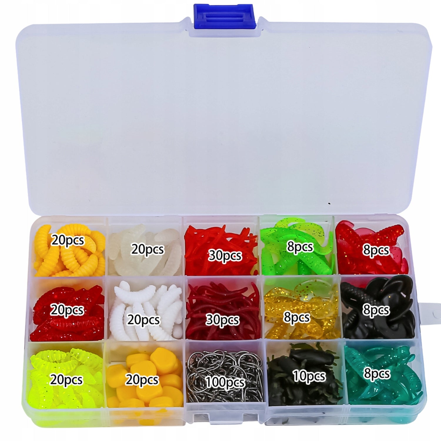 SET OF RUBBER LURES 330 ELEMENTS FISH HOOKS WORM COLOR BOX Packaging status original