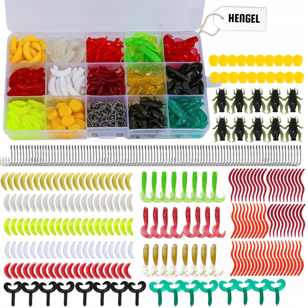 SET OF RUBBER LURES 330 ELEMENTS FISH HOOKS WORM COLOR BOX