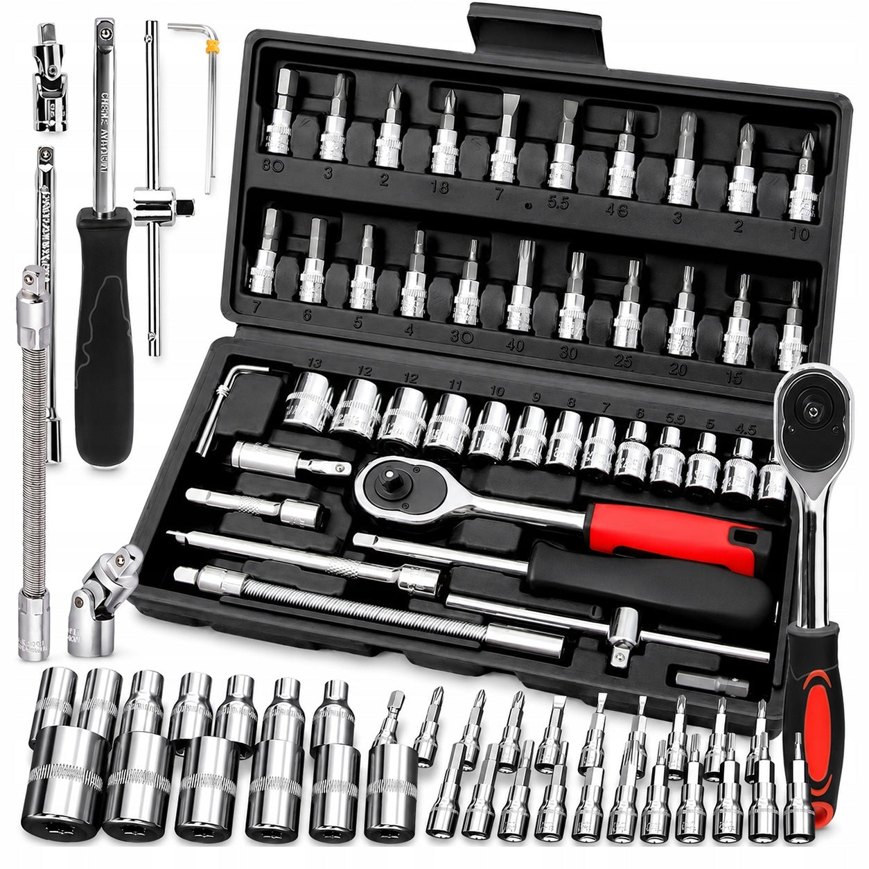 SET OF SOCKET WRENCH BITS RATCHET ADAPTERS SOCKET WRENCHES 46 PIECES Manufacturer code Zestaw Narzędzi Kluczy Klucze