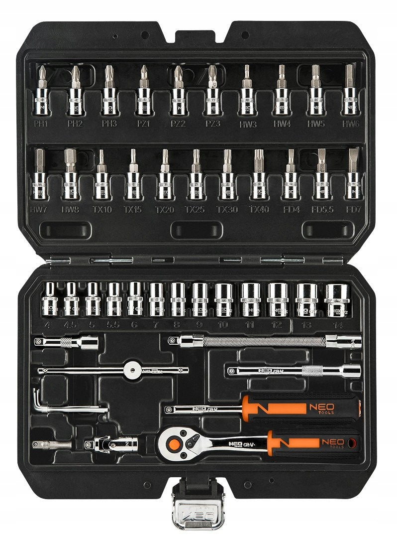 SET OF SOCKET WRENCHES 1/4'', BITS, EXTENSIONS 46PCS 10-004 NEO TOOLS Key type socket