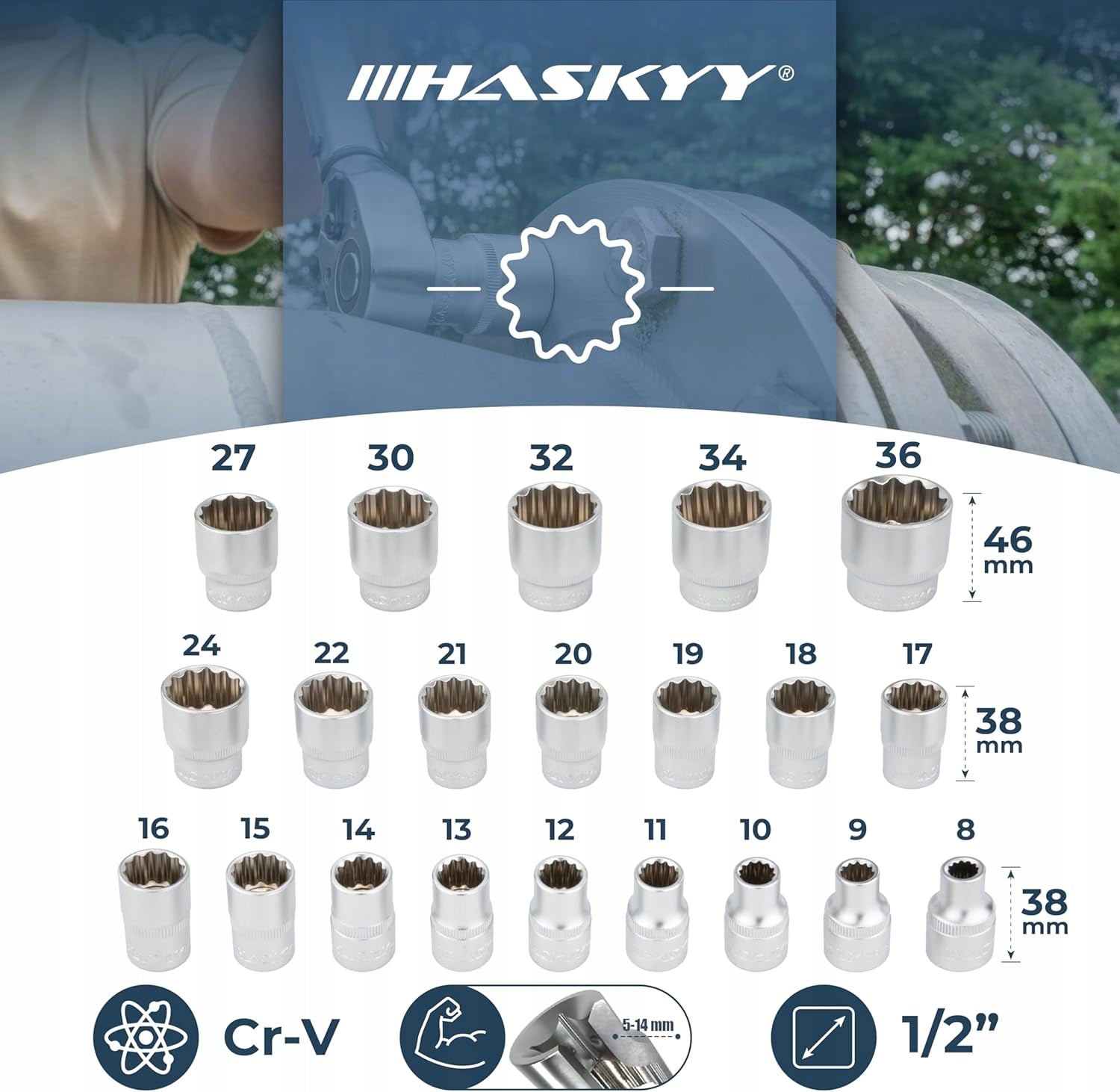 SET OF SOCKET WRENCHES 12 ANGLE 8 TO 36 MM IN THE SYSTEM CASE Brand Haskyy