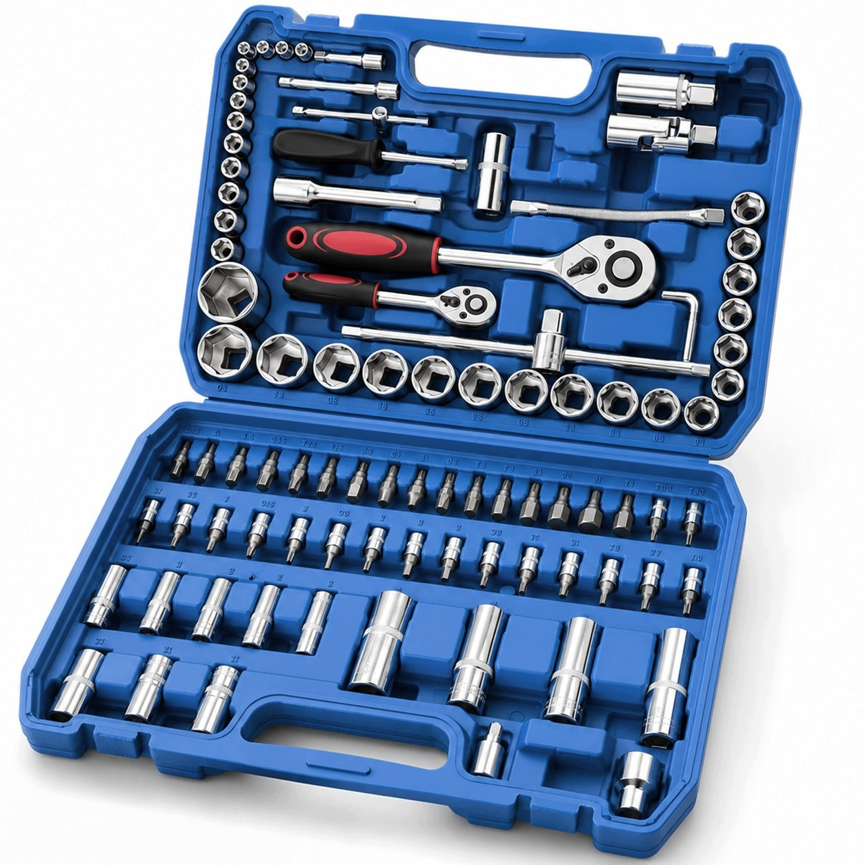 SET OF SOCKET WRENCHES 2x RATCHET 1/2 1/4 EXTENSIONS BITS 94EL SUITCASE