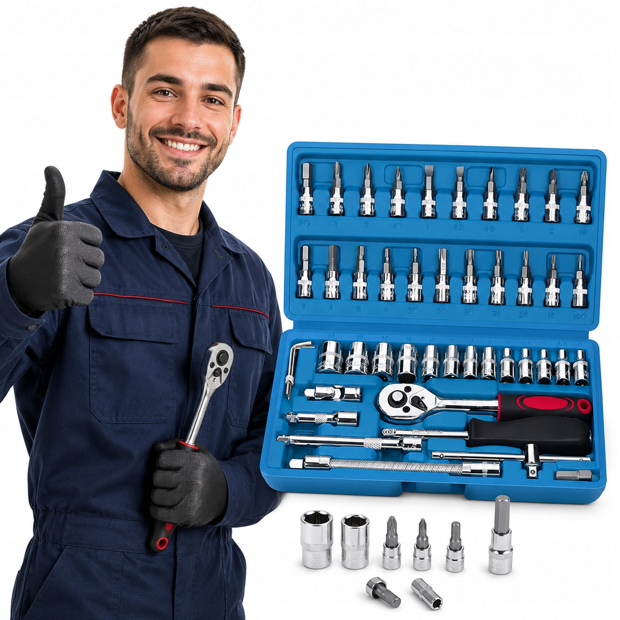 SET OF SOCKET WRENCHES 46 EL RATCHET BITS CAPS SUITCASE DIY