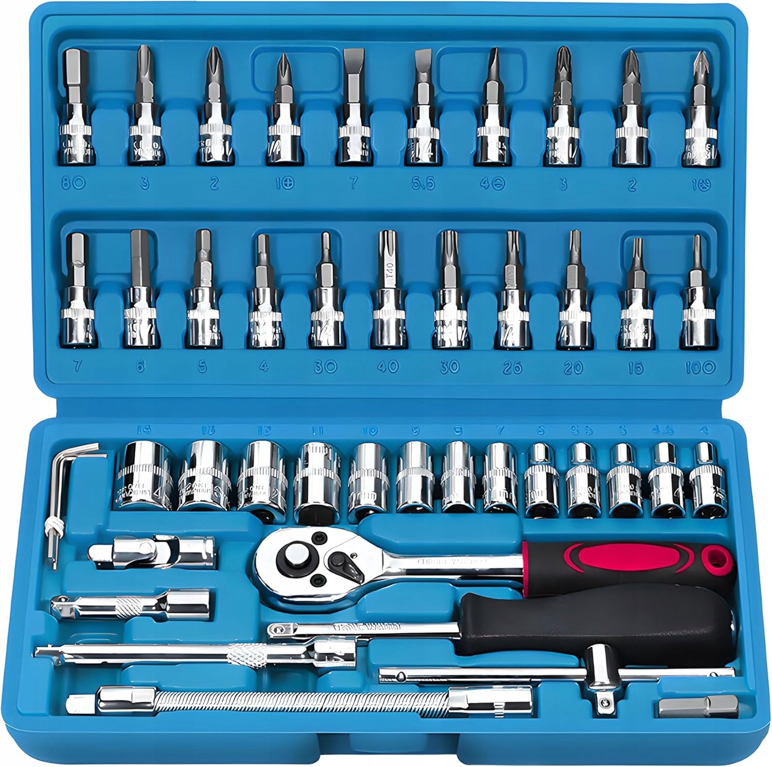 SET OF SOCKET WRENCHES 46 EL RATCHET CAPS BITS TOOL CASE