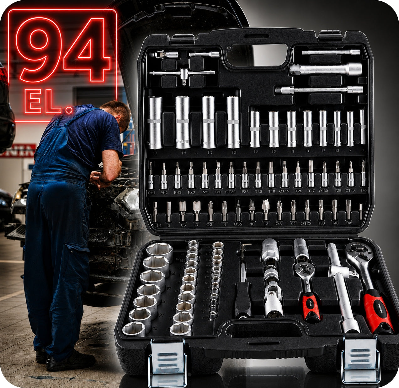 SET OF SOCKET WRENCHES 94 EL. RATCHET CAPS SUITCASE KEYS TORX Manufacturer code V39050