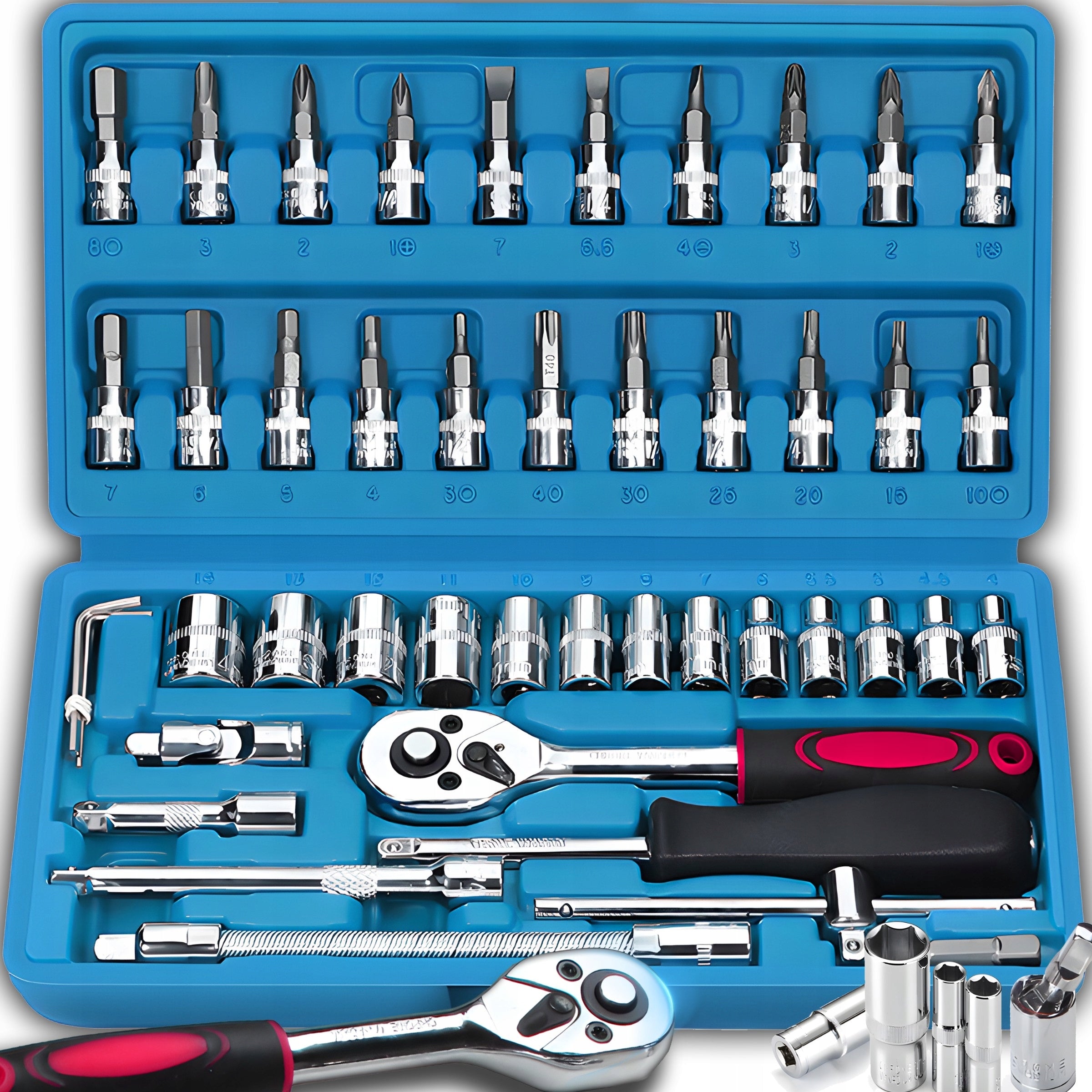 SET OF SOCKET WRENCHES BITS RATCHET ADAPTERS 46 ELEMENTS.
