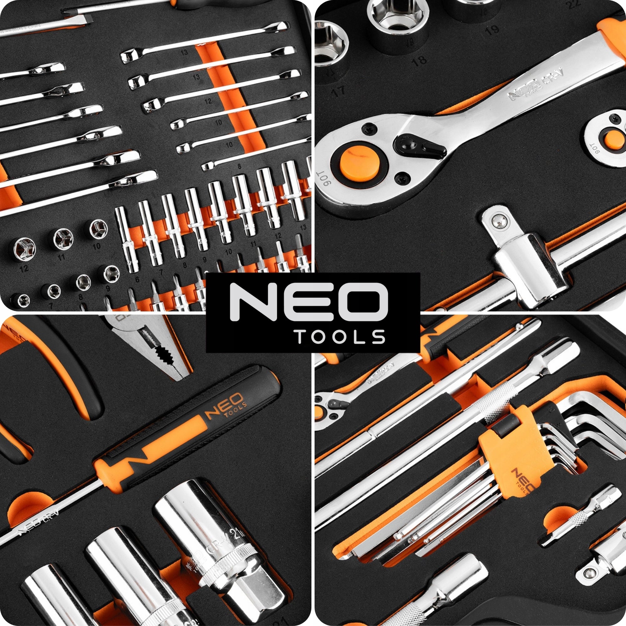 SET OF SOCKET WRENCHES CRV 1/2" 1/4" 95 ELEMENTS IN EVA FOAM NEO TOOLS Manufacturer code Klucze nasadowe NEO 10-065