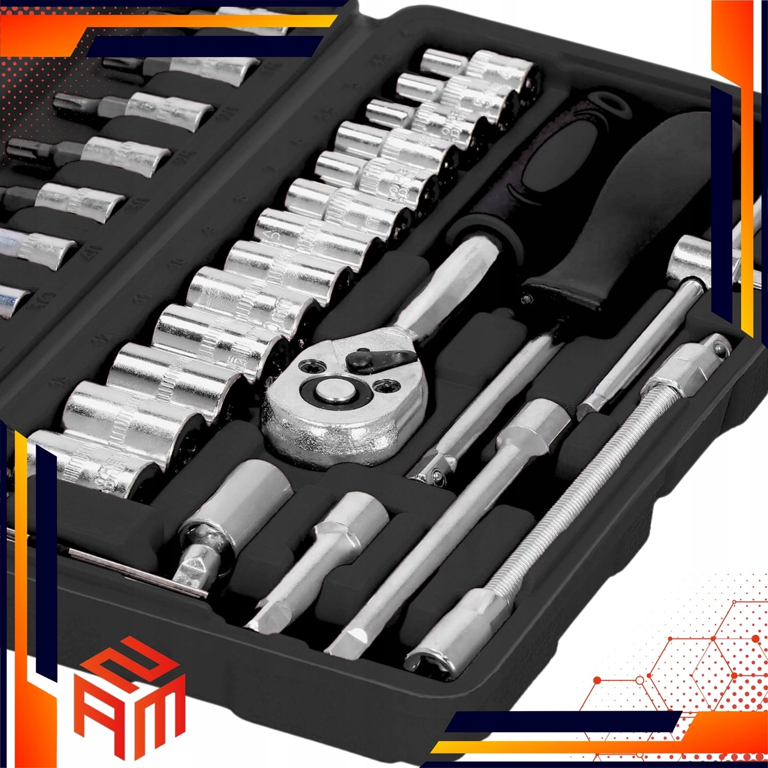 SET OF SOCKET WRENCHES ZAM 46 EL. SUITCASE CAPS BITS HARDENED STEEL ZAM Number of items in the set 46