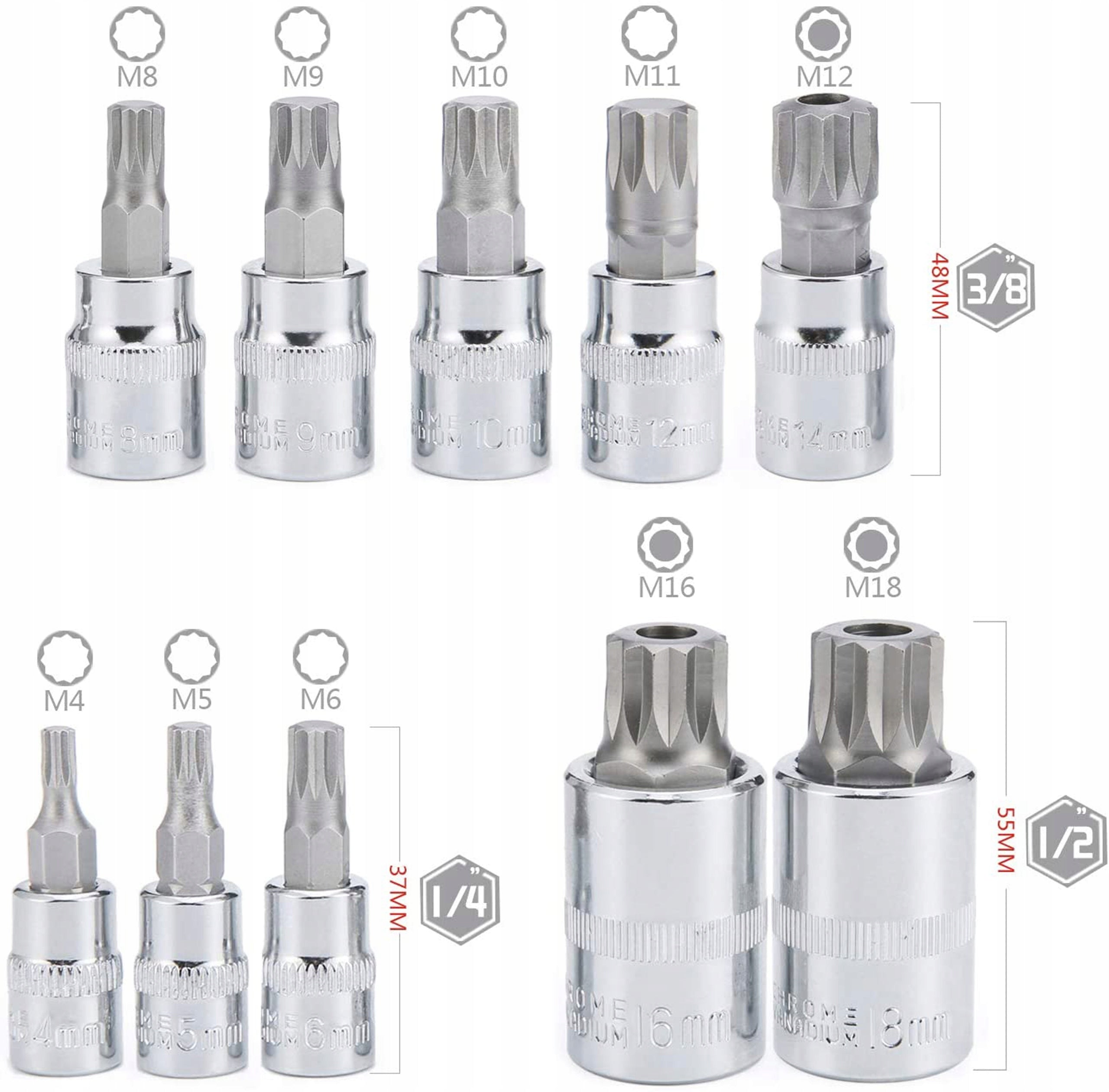 SET OF SOCKETS SPLINE 1/4" 3/8" 1/2" M4-M18 10 EL. Brand Vorfal