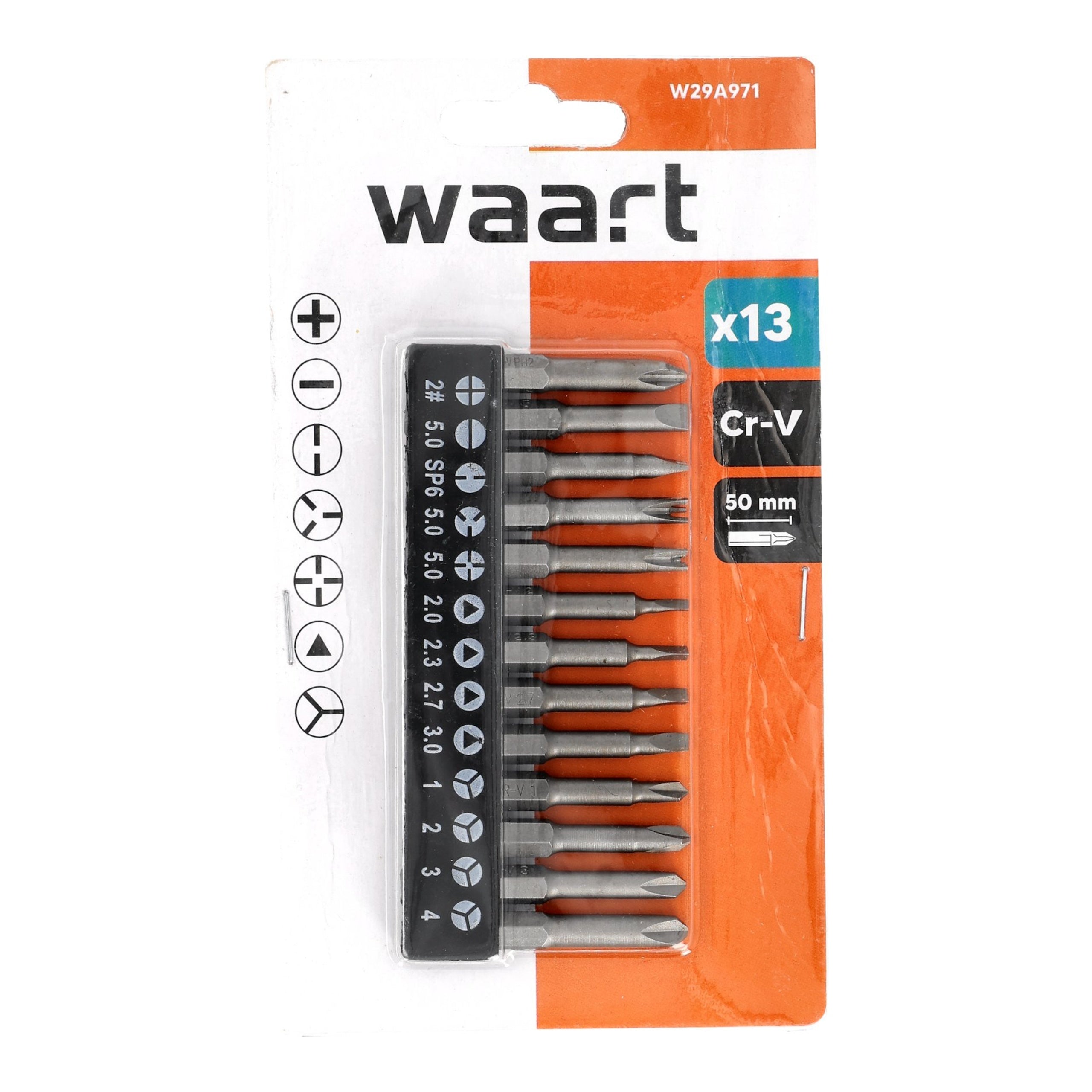 SET OF SPECIAL TIPS Waart Bits 1/4 50 mm CR V 13 pieces for Screws Brand Waart