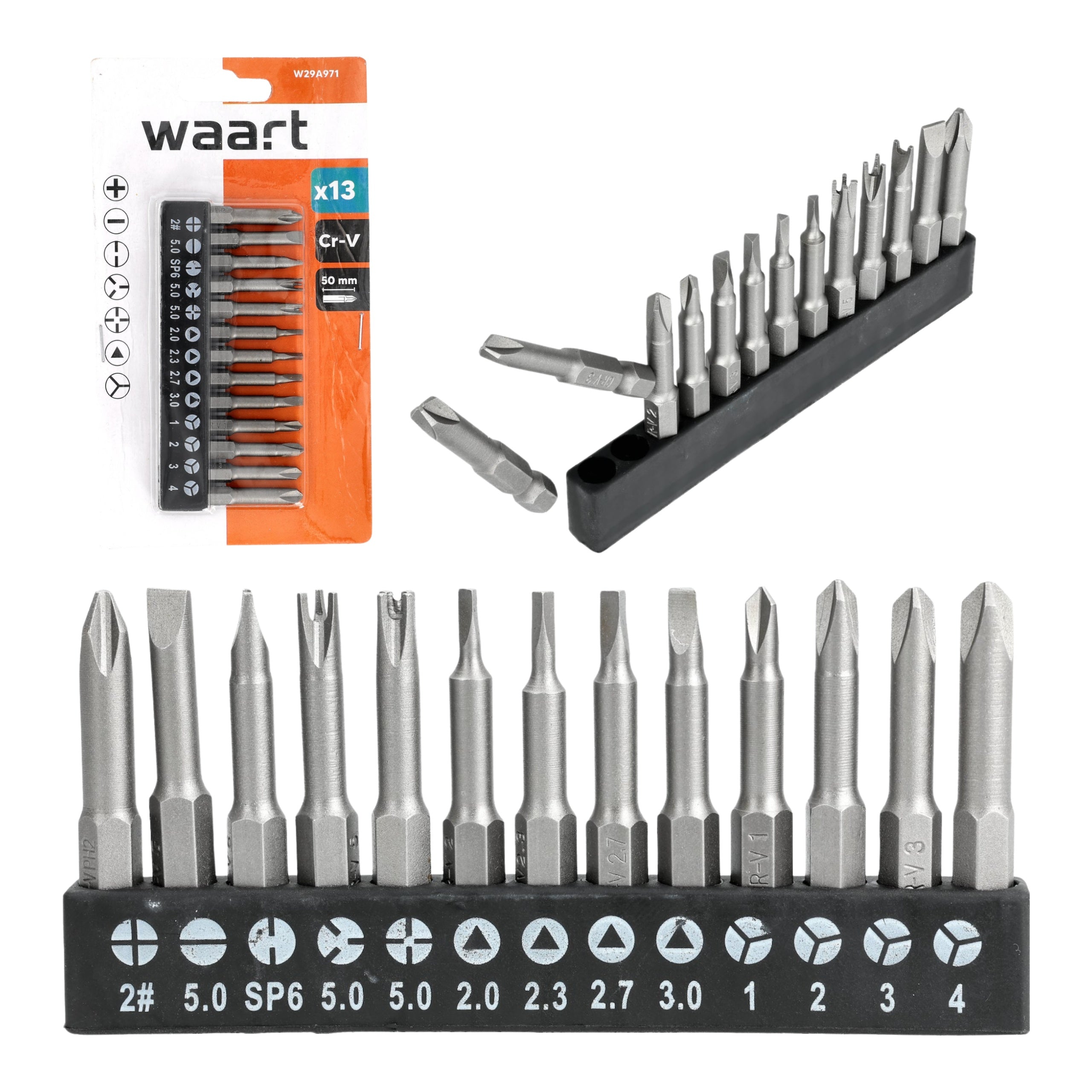 SET OF SPECIAL TIPS Waart Bits 1/4 50 mm CR V 13 pieces for Screws