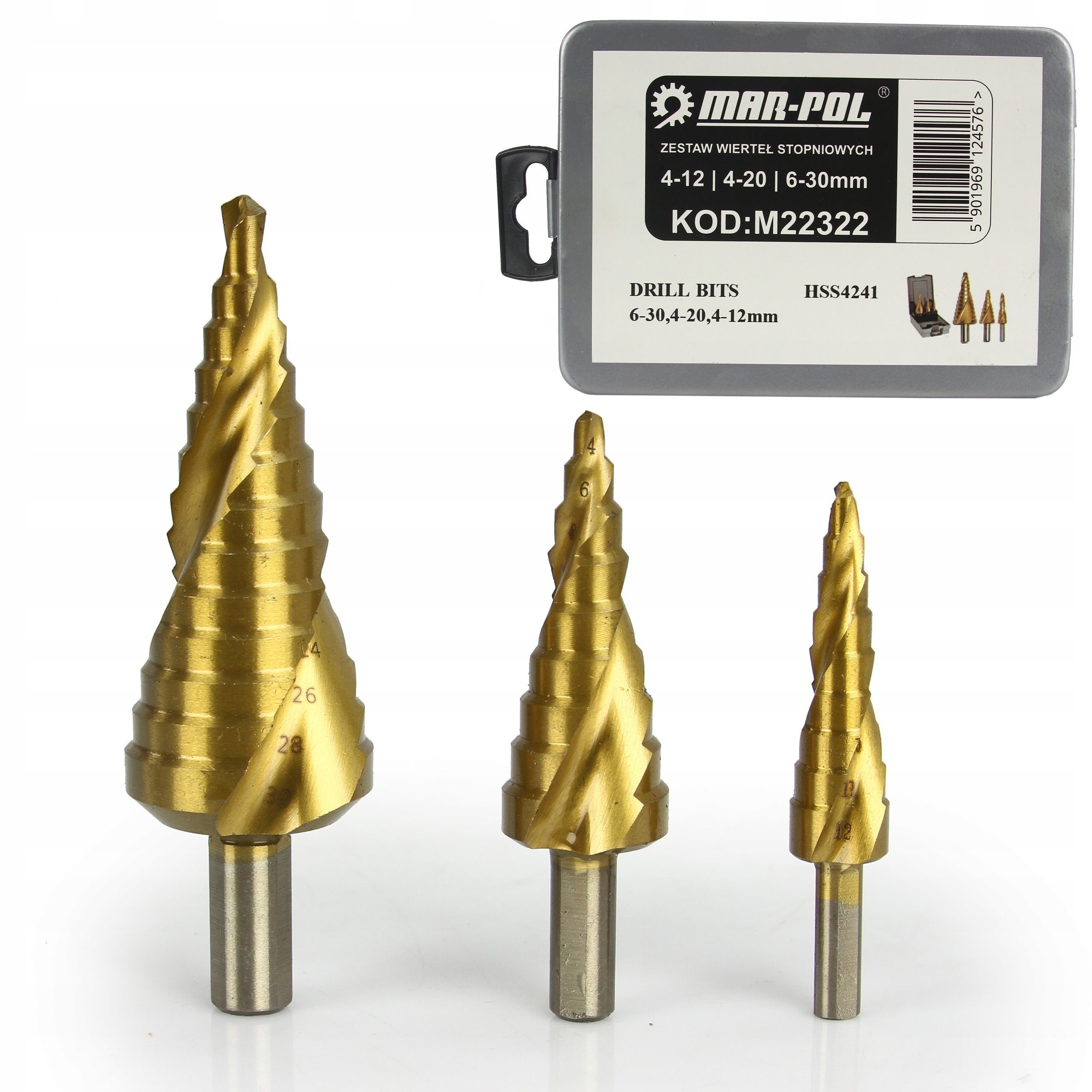 SET OF STEP CONICAL DRILL BITS FOR METAL WOOD PLASTIC 4-12/4-20/6-30 Manufacturer code M22322