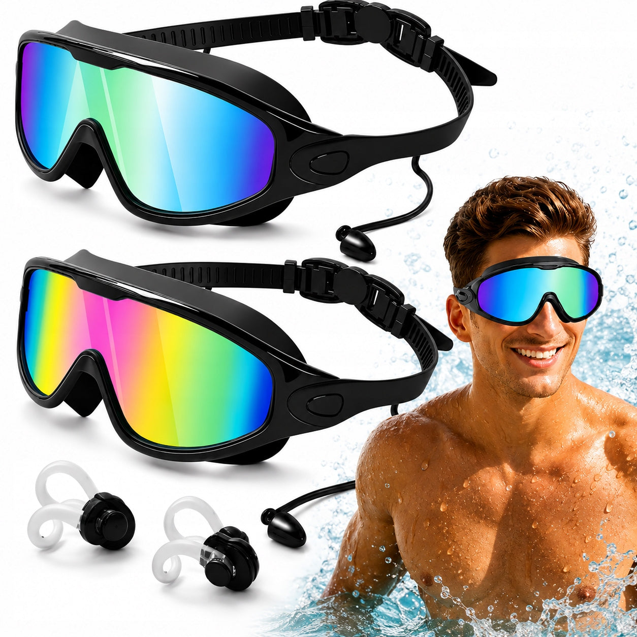 SET OF SWIMMING GOGGLES 2PCS FOR ANTI-FOG POOL + NOSE PLUGS