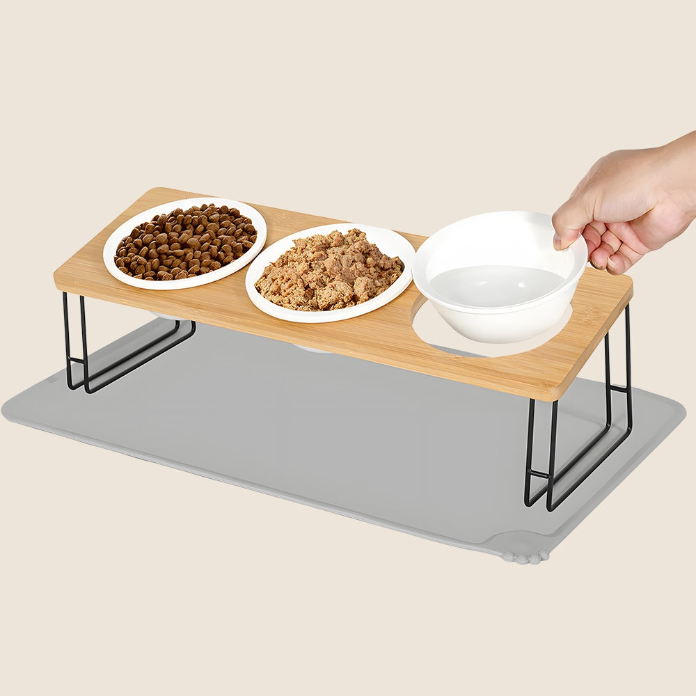 SET OF THREE DOG CAT FEEDING BOWLS CERAMIC STANDING + MAT EAN (GTIN) 887484660872