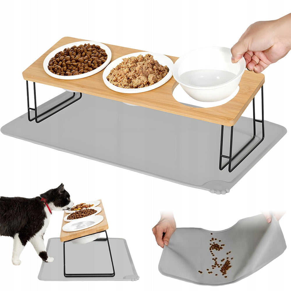 SET OF THREE DOG CAT FEEDING BOWLS CERAMIC STANDING + MAT