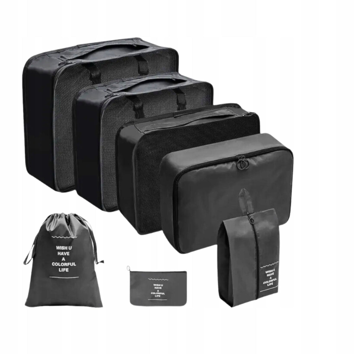 SET OF TRAVEL ORGANIZERS 7 PCS. FOR CLOTHES AND AKCESORIA BLACK Color black