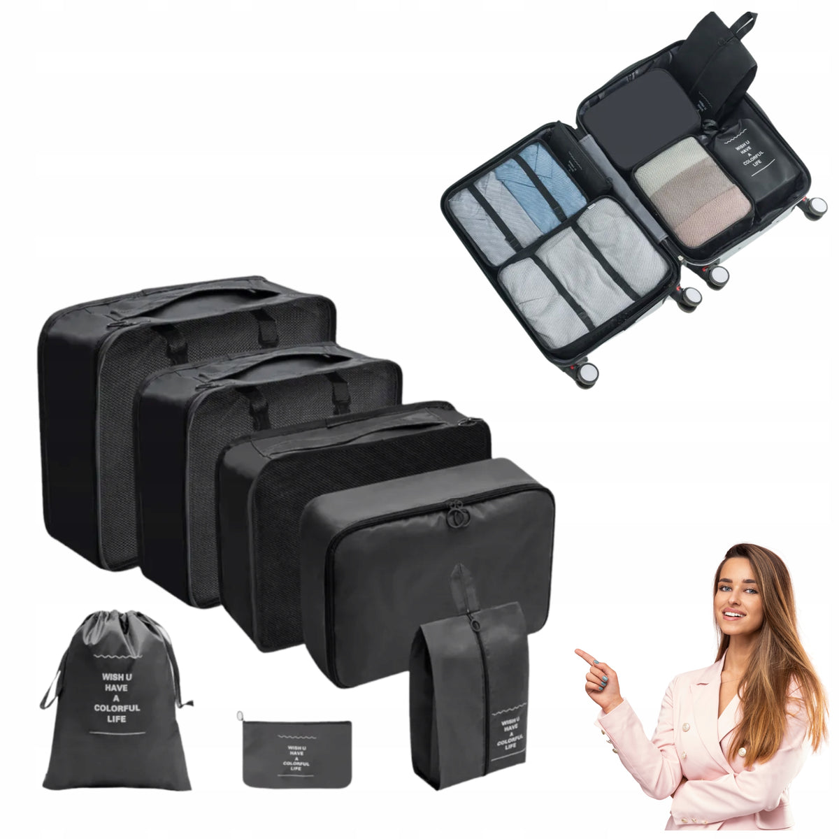 SET OF TRAVEL ORGANIZERS 7 PCS. FOR CLOTHES AND AKCESORIA BLACK