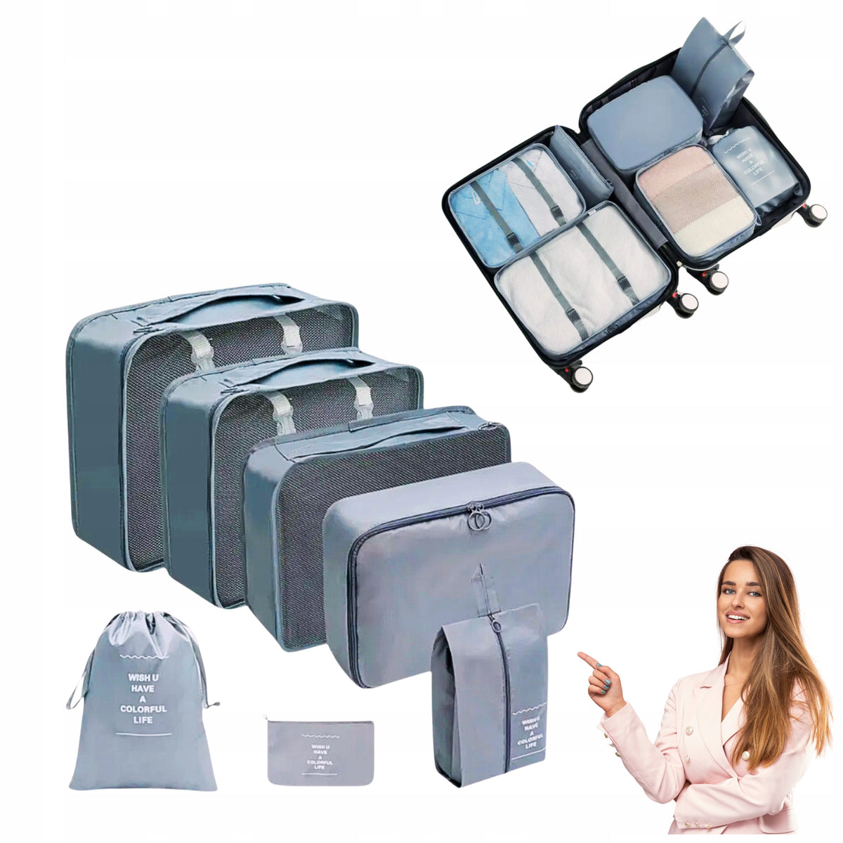 SET OF TRAVEL ORGANIZERS 7 PCS. FOR CLOTHES AND AKCESORIA GREY