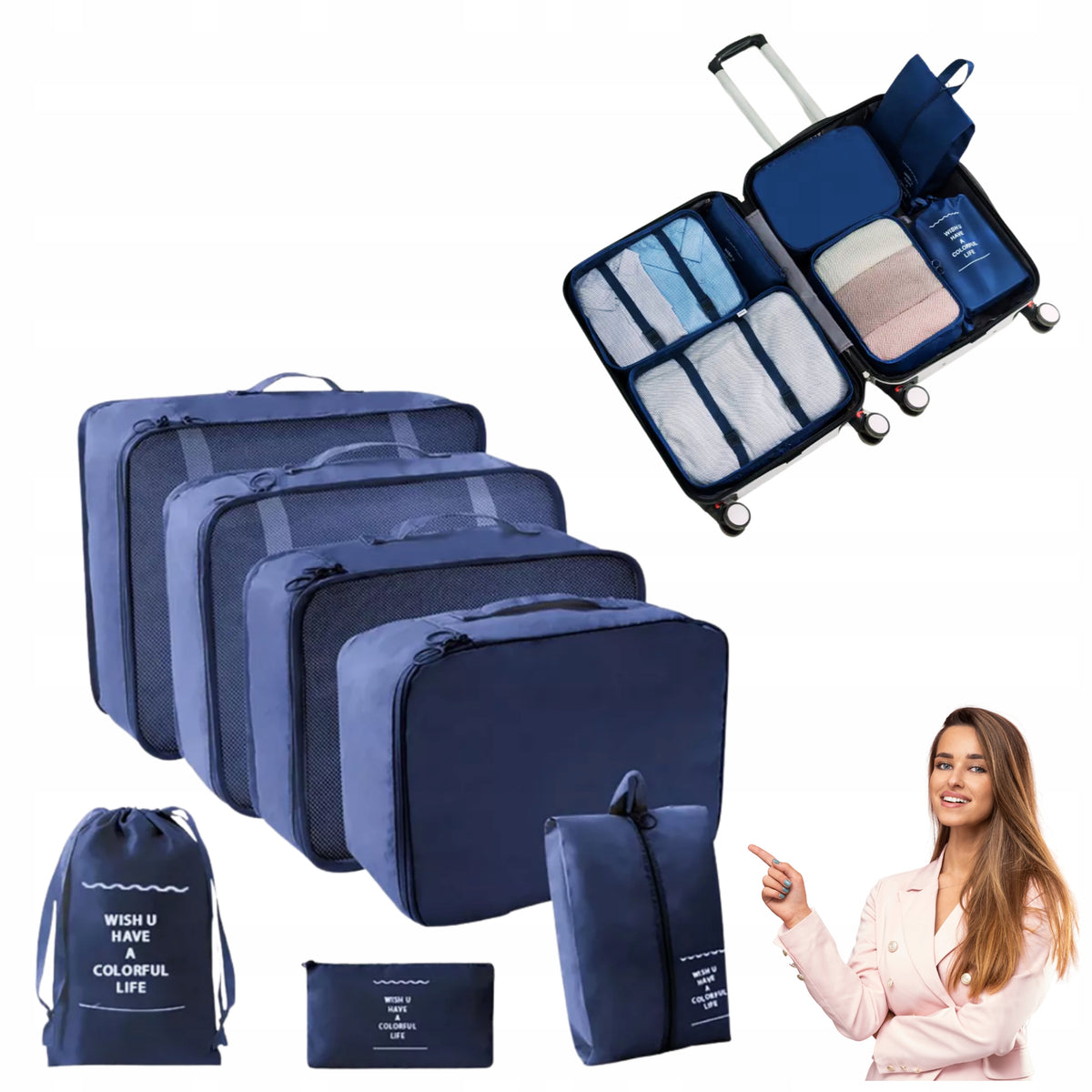 SET OF TRAVEL ORGANIZERS 7 PCS. FOR CLOTHES AND AKCESORIA navy BLUE