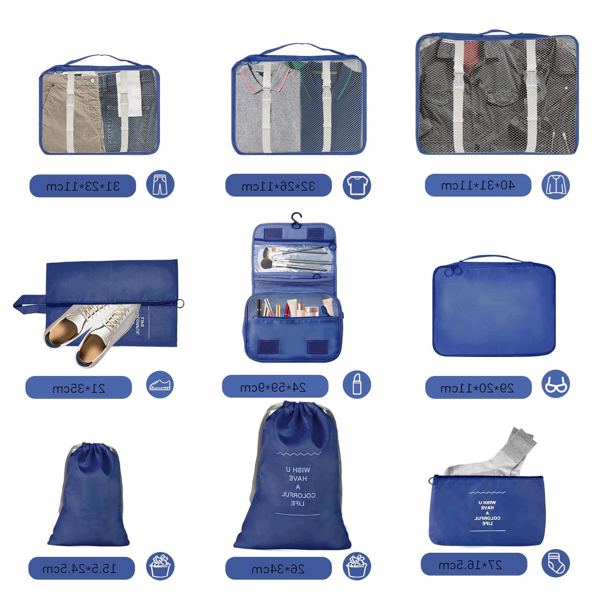SET OF TRAVEL ORGANIZERS 9 ELEMENTS CUBES FOR PACKING SUITCASES Color blue