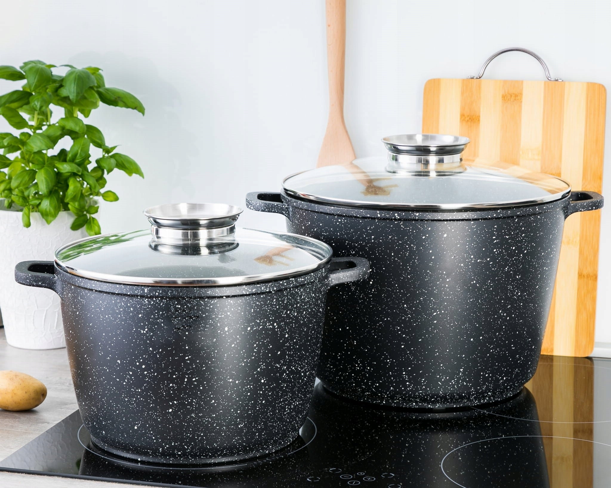 SET OF TWO HIGH POTS MARBLE COATING Gas induction Material aluminum