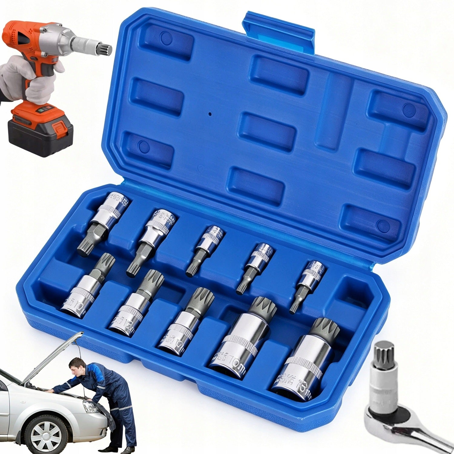 SET OF WRENCH SOCKETS 10 PARTS 12 ANGLE SOCKETS FOR CAR REPAIRS AUTO