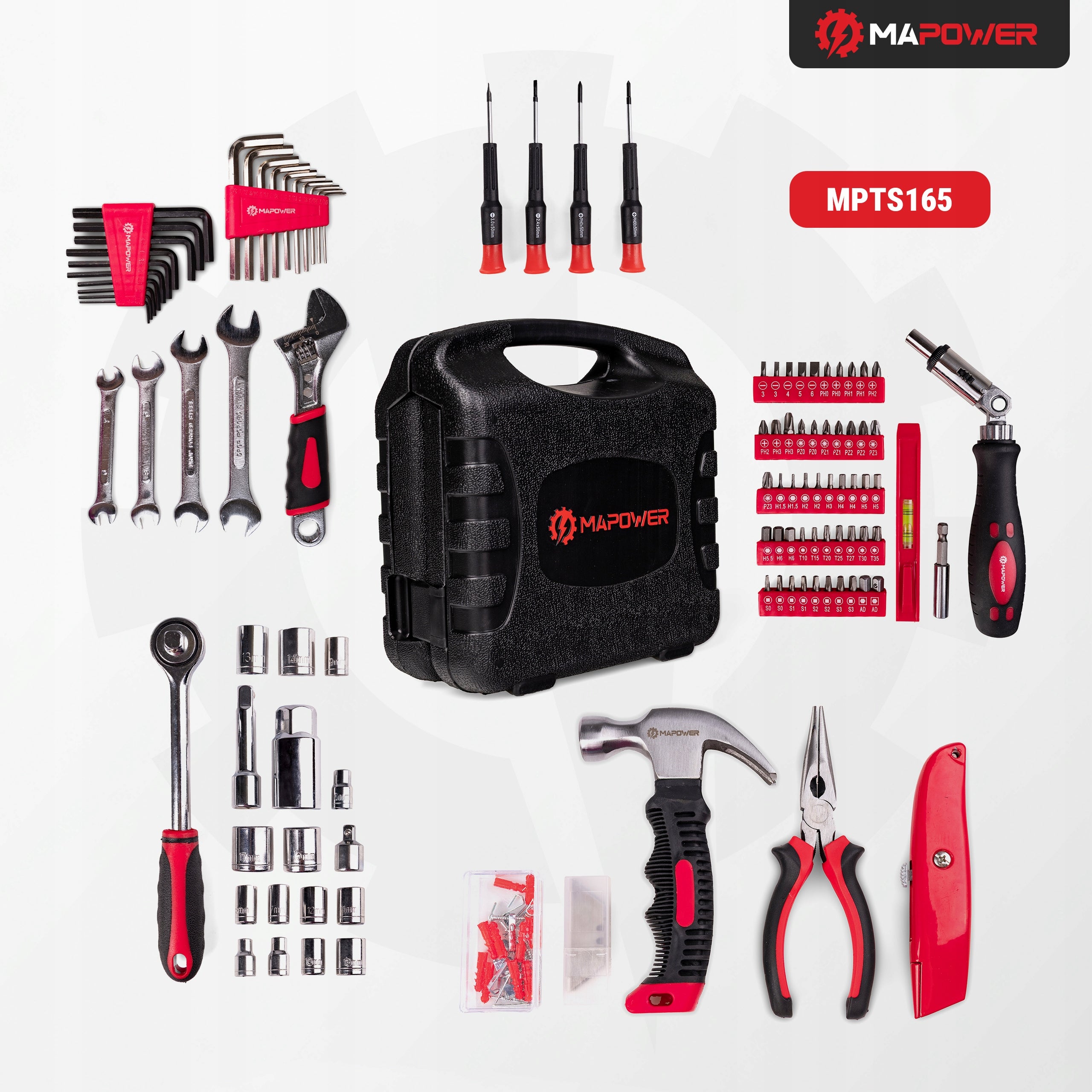SET OF WRENCH TOOLS TOOL CASE CRV CAPS BITS 165 ELE MAPOWER Brand MAPOWER