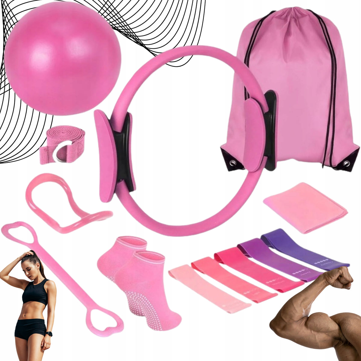 SET PILATES 13el FITNESS RESISTANCE RUBBER WHEEL BALL SOCKS+FREEBIE BAG