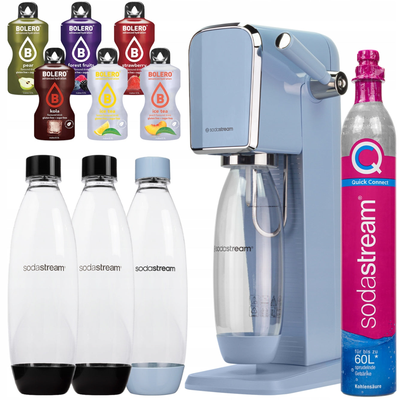 SET SATURATOR SODASTREAM ART BLUE 3 BOTTLES + CARTRIDGE + ADDITIVES