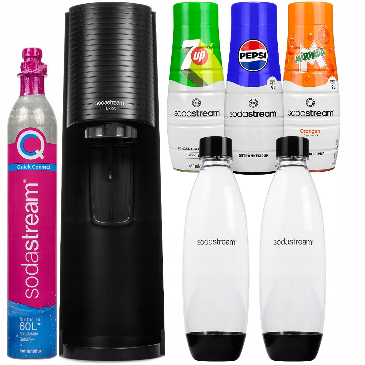 SET SATURATOR SODASTREAM TERRA BLACK WITH 2 BOTTLES + SYRUPS CONCENTRATES
