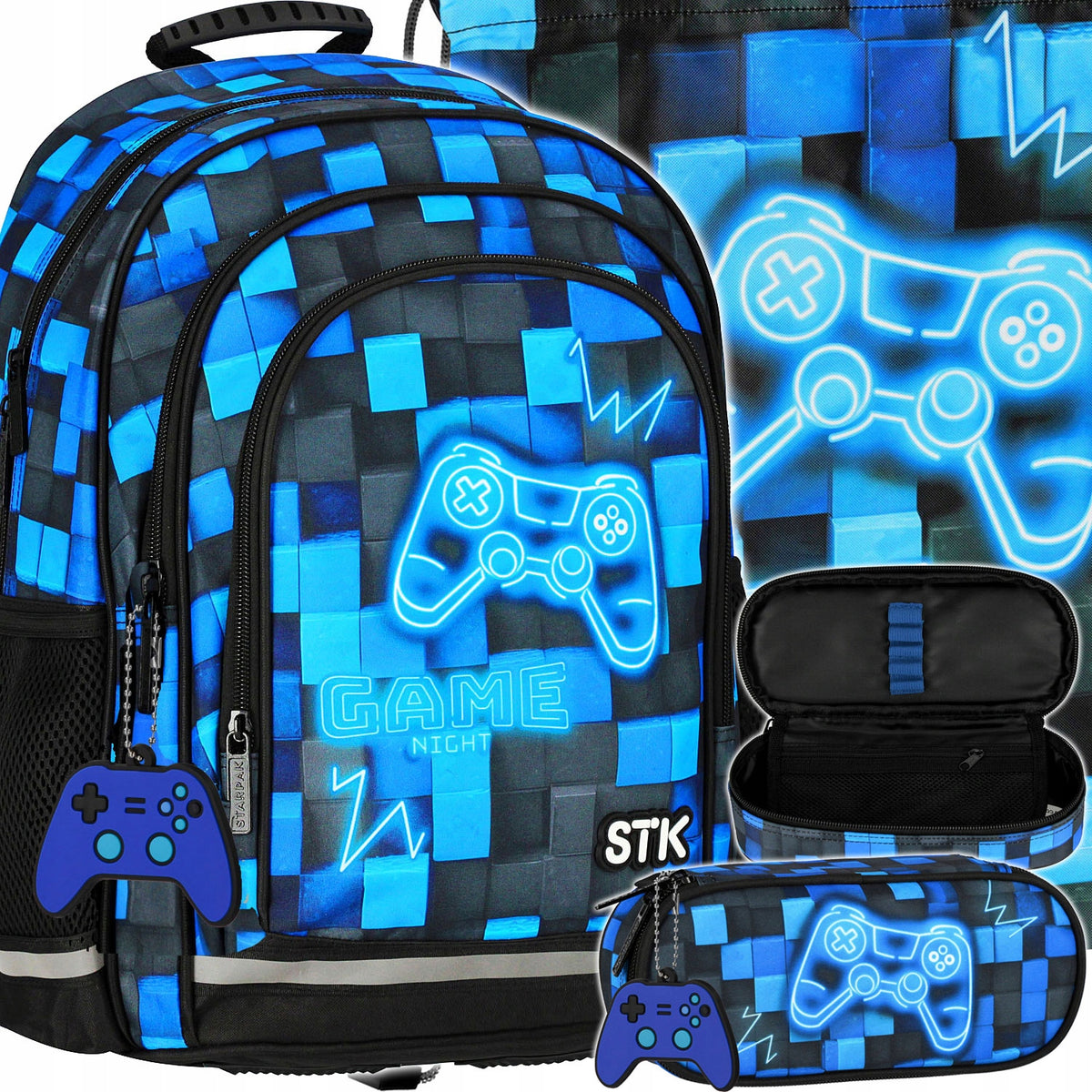 SET SCHOOL BACKPACK FOR BOY IN PADS PAD PIXELS BLUE PENCIL CASE BAG