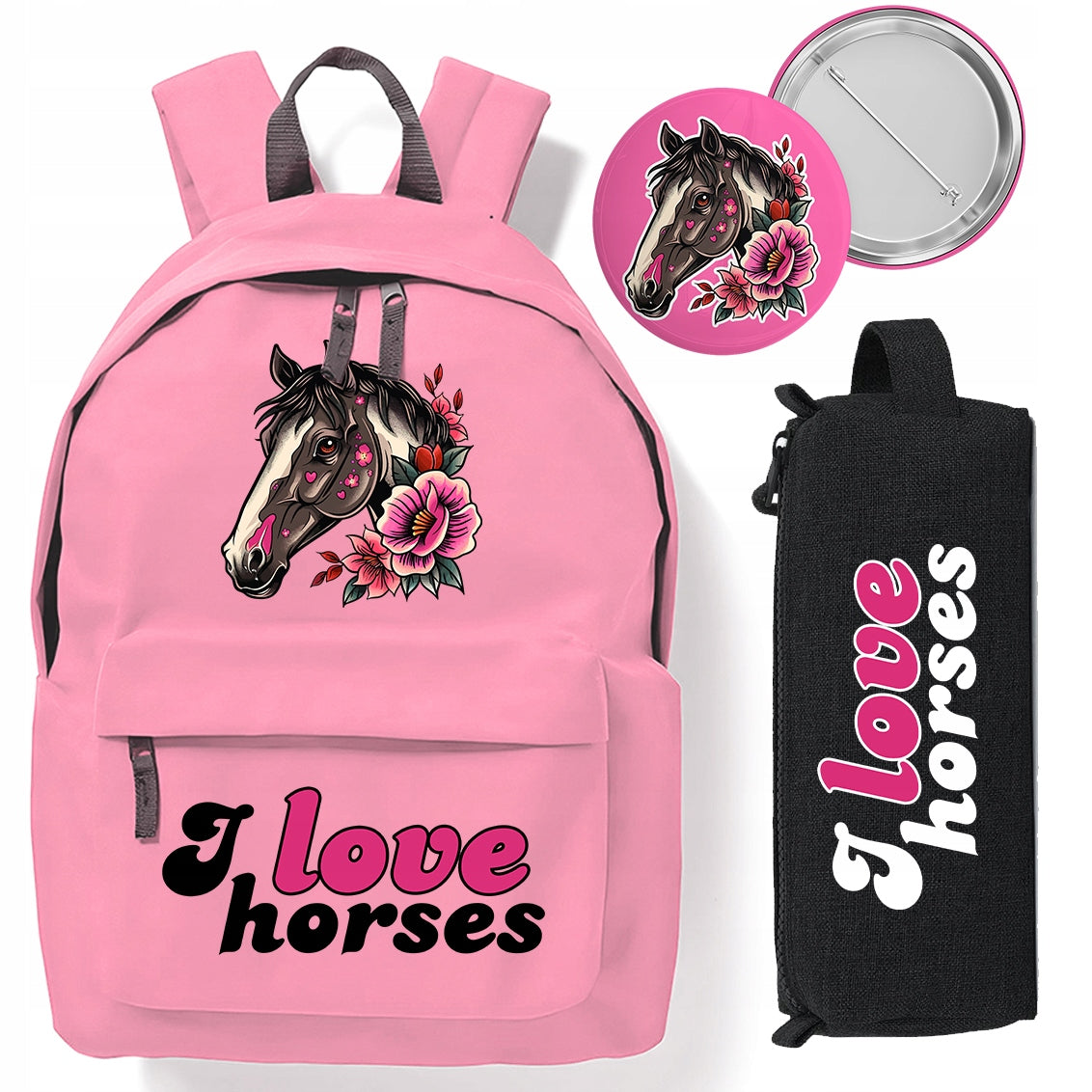 SET SCHOOL BACKPACK PENCIL CASE Youth PINK FOR GIRLS HORSE FANS
