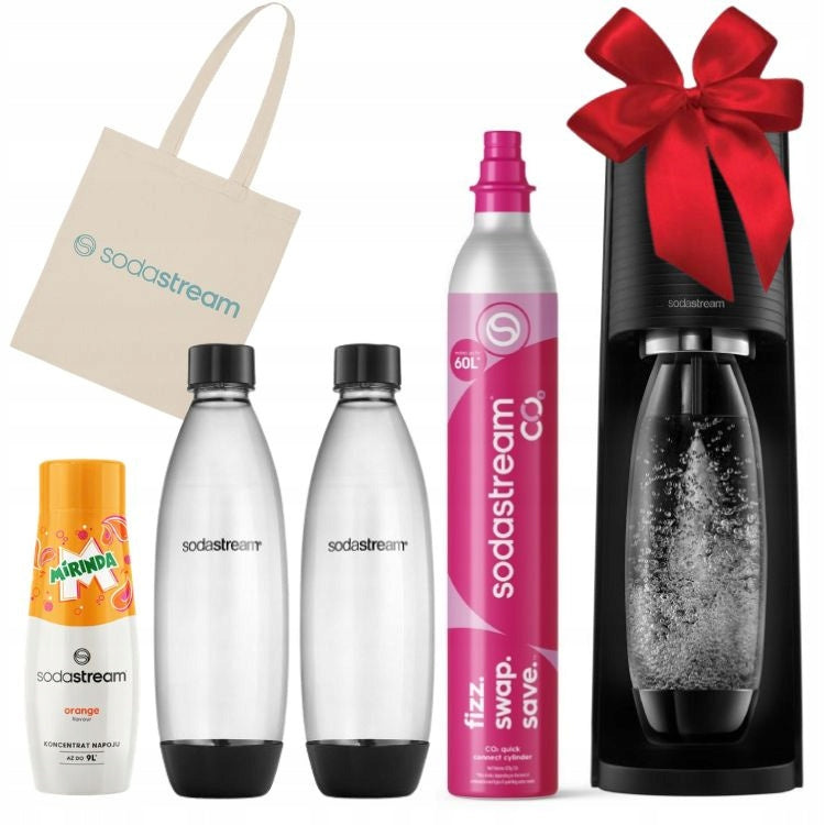 SET Saturator SodaStream Terra black 2 bottles + syrup, bag, bow