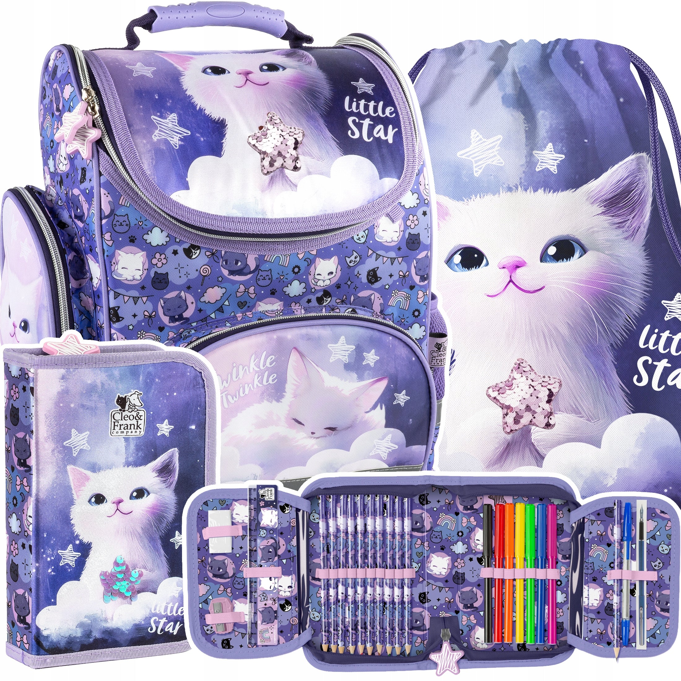 SET School satchel for girls 1 class CLEO AND FRANK KITTEN WITH CAT