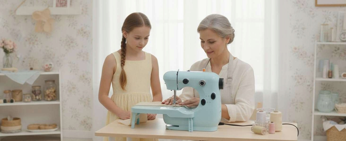 SET! Small, portable two-speed sewing machine, with pull-out table! Material synthetic material