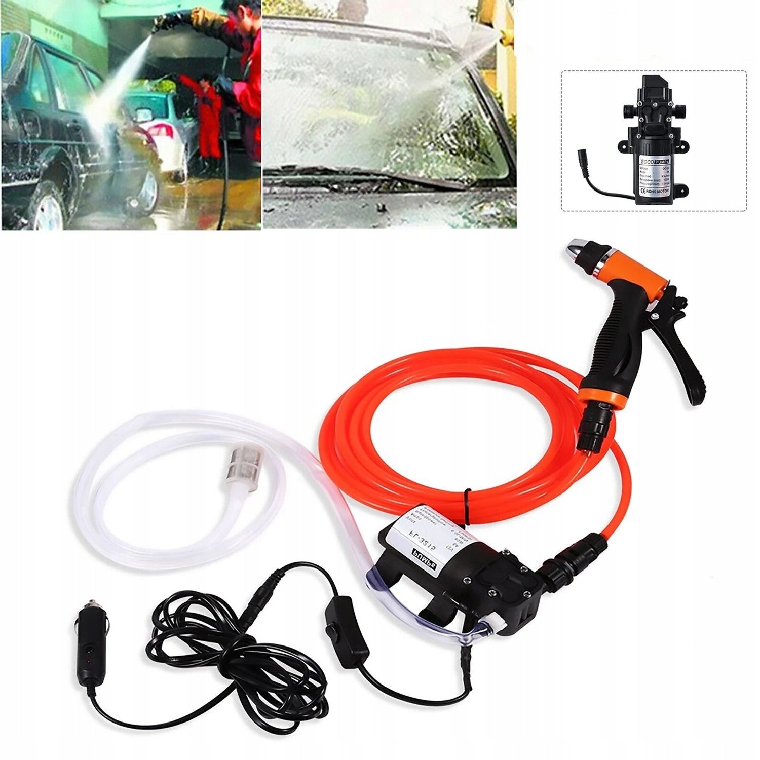 SET WITH ELECTRIC WASHER PUMP 12 V WITH PRESSURE HOSE PVC Packaging status original