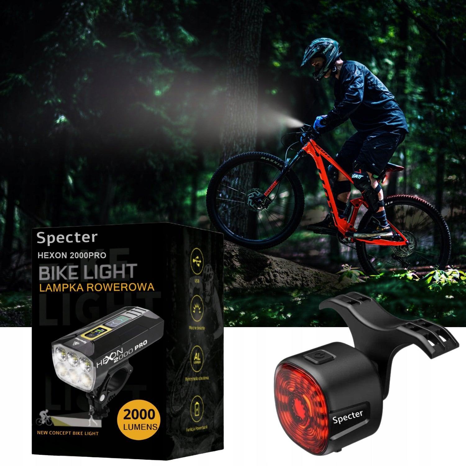 SET of Bicycle Lamps SPECTER HEXON 2000PRO 10000mAh+Back WT09 100H work Packaging status original