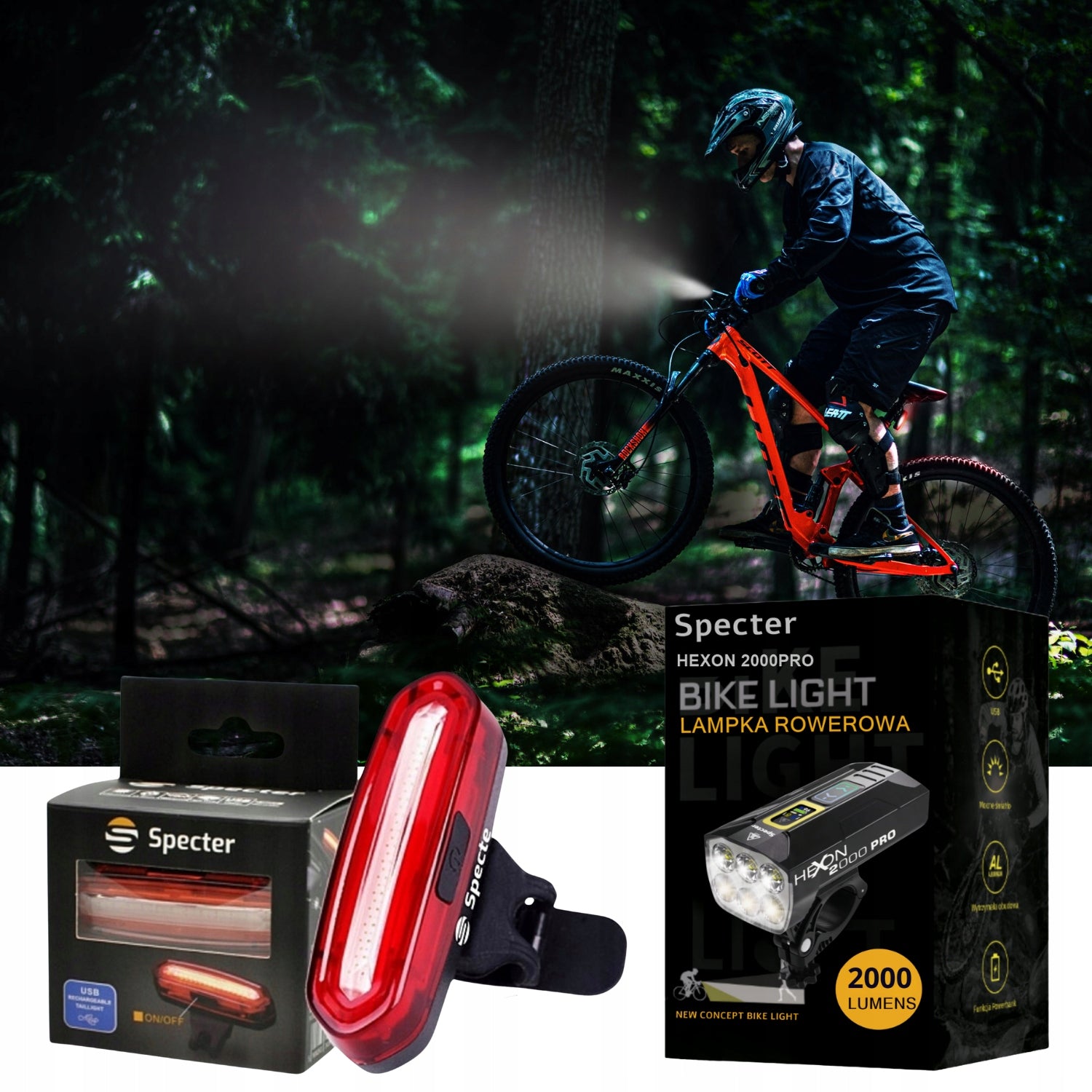 SET of Bicycle Lamps SPECTER HEXON 2000PRO POWERBANK +Rear RED AQY Packaging status original