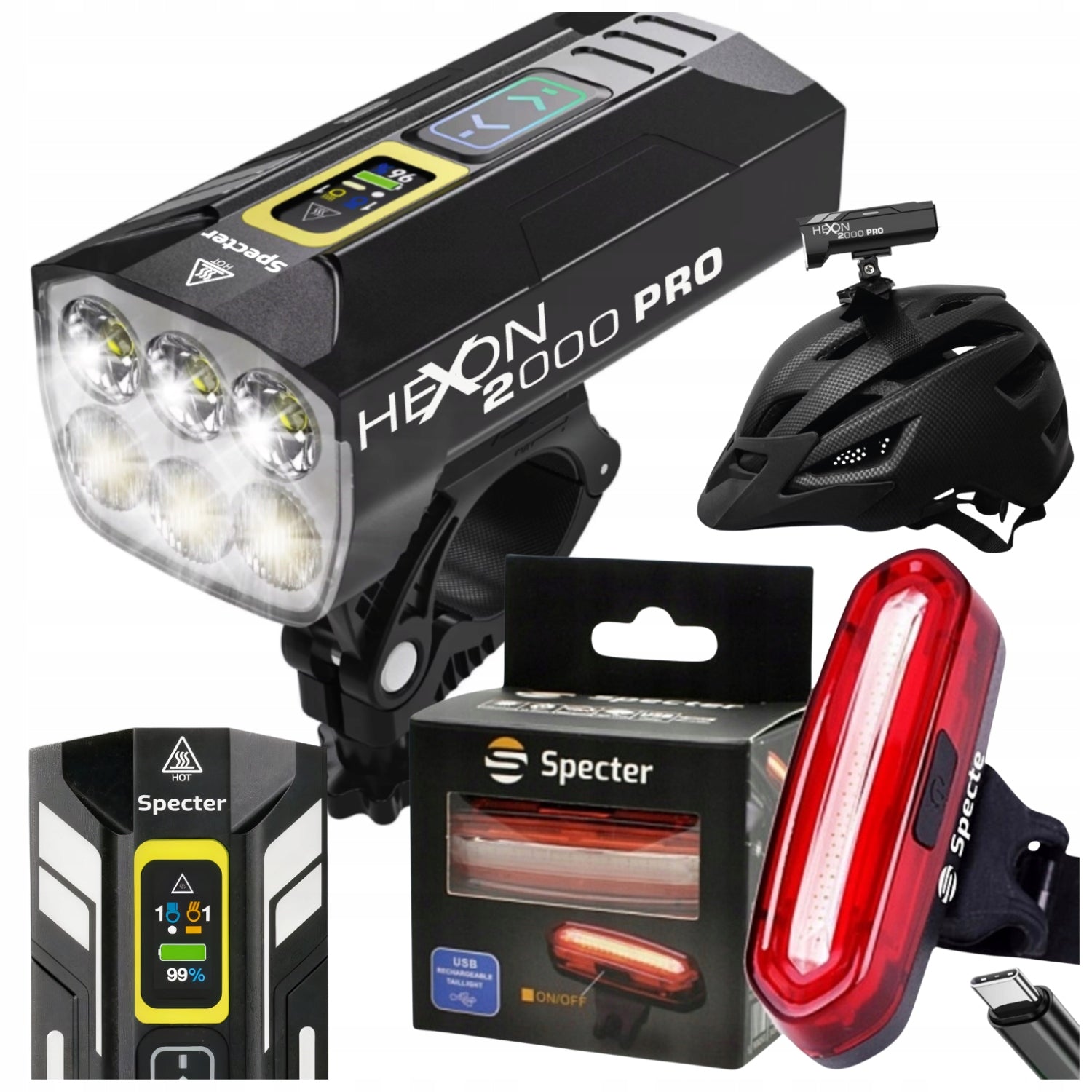 SET of Bicycle Lamps SPECTER HEXON 2000PRO POWERBANK +Rear RED AQY