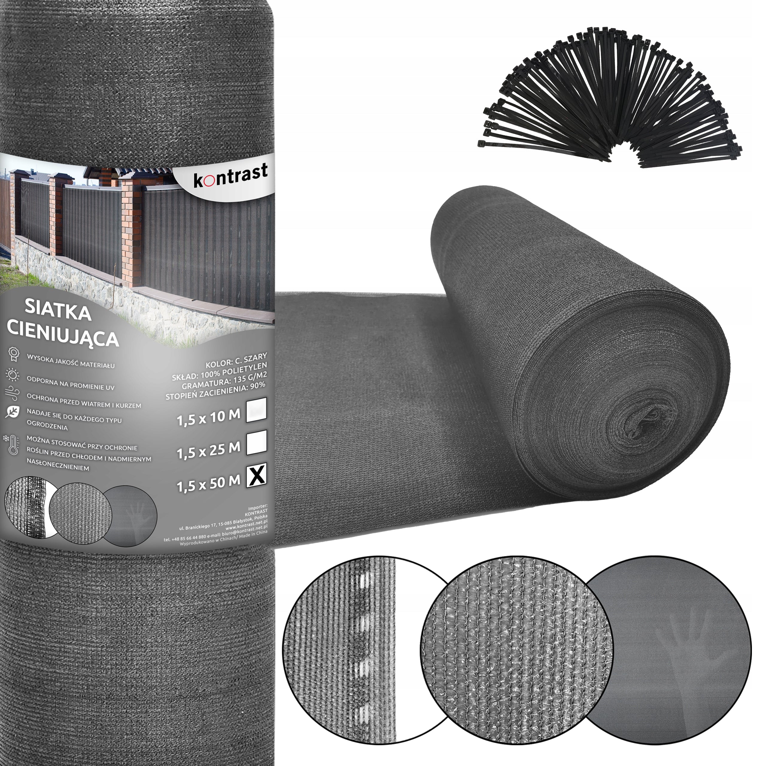 SHADING MESH 90% MASKING FENCE 1,5x50m + CLAMP BANDS GREY Manufacturer code 10271