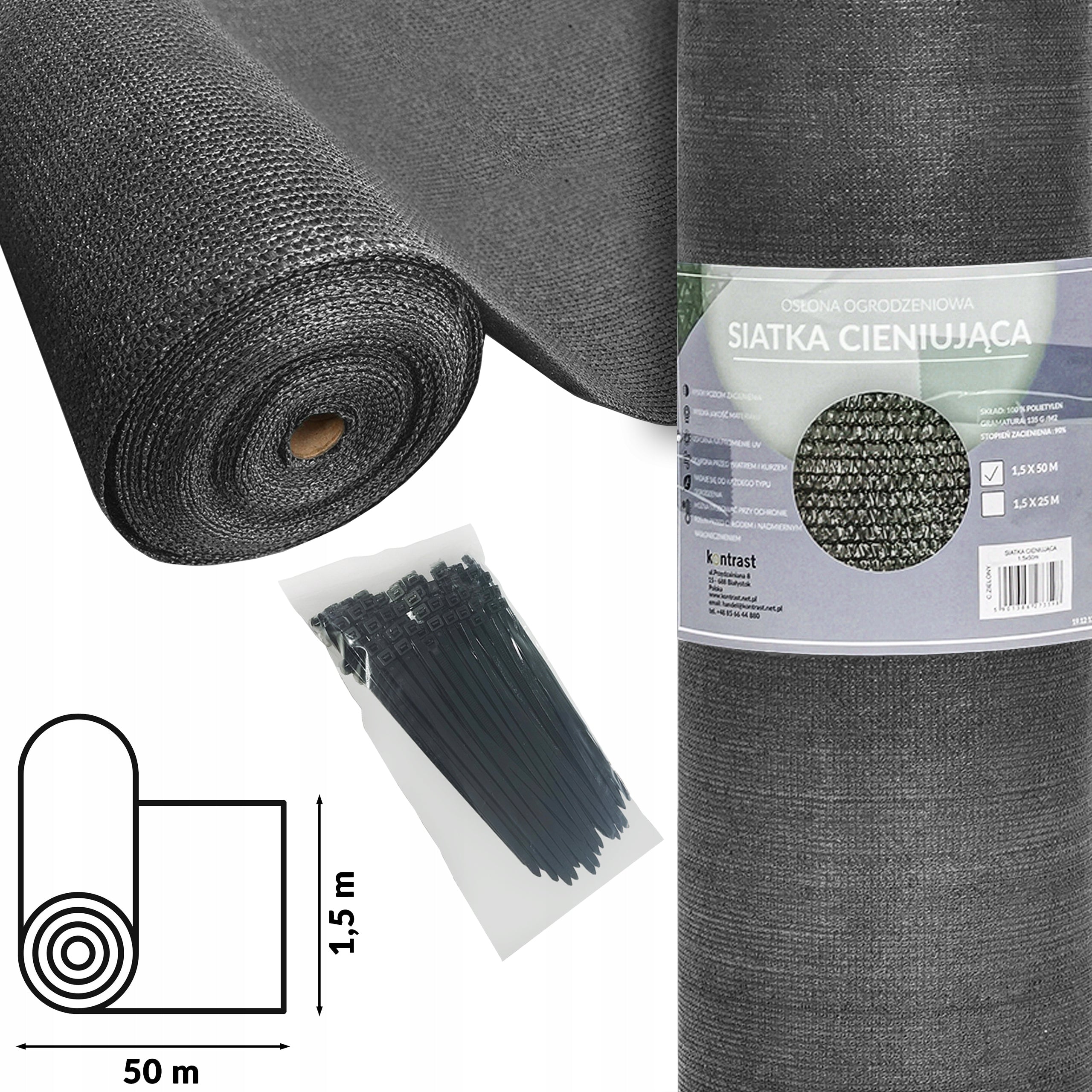 SHADING MESH 90% MASKING FENCE 1,5x50m + CLAMP BANDS GREY Manufacturer kontrasto