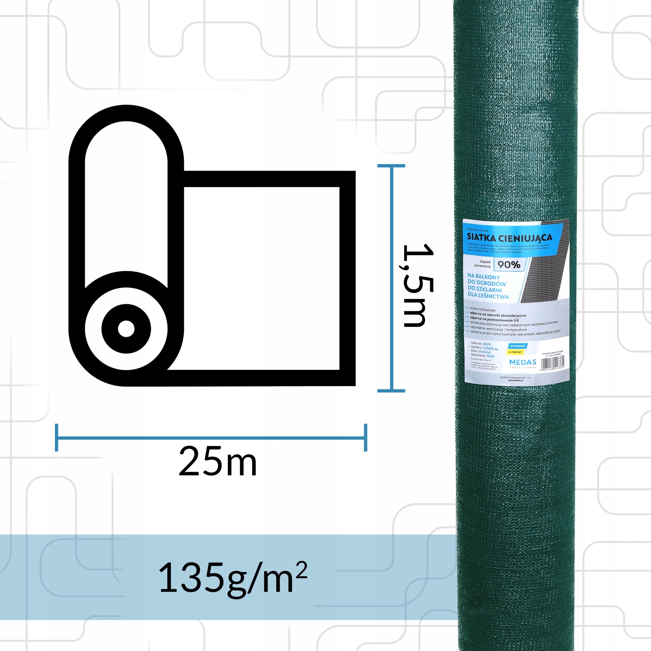 SHADING MESH GREEN UV masking 90% 1,5x25m Height 1.5 m