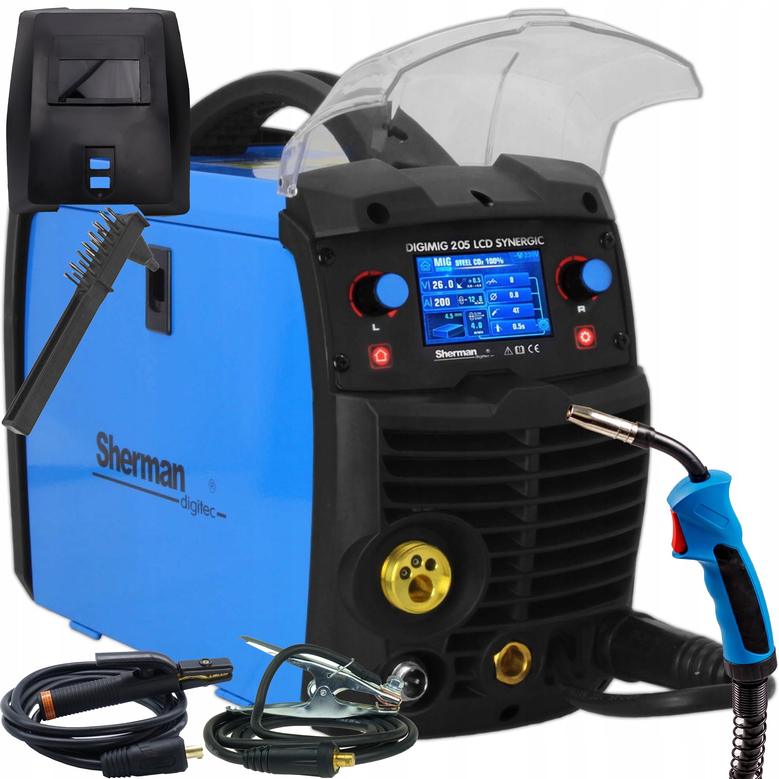 SHERMAN 205 LCD SYNERGIC MIG MAG MMA TIG FLUX 200A 230V set of 4 Packaging status original