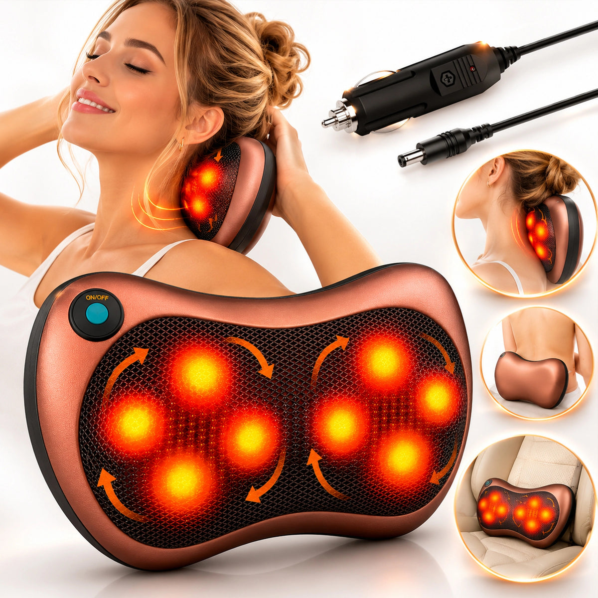 SHIATSU MASSAGER MASSAGE PILLOW FOR FOOT NECK BODY CAR CHARGER