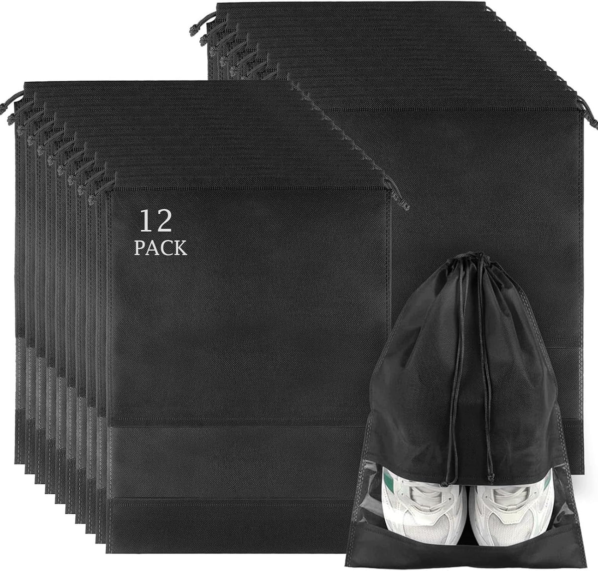 SHOE BAGS SET OF 12 TRAVEL BLACK WITH ROPE ORGANIZERS